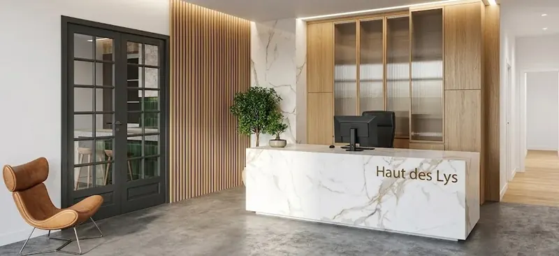 Rendu 3D de l’accueil de l’Hôtel Haut des Lys, banque en marbre blanc